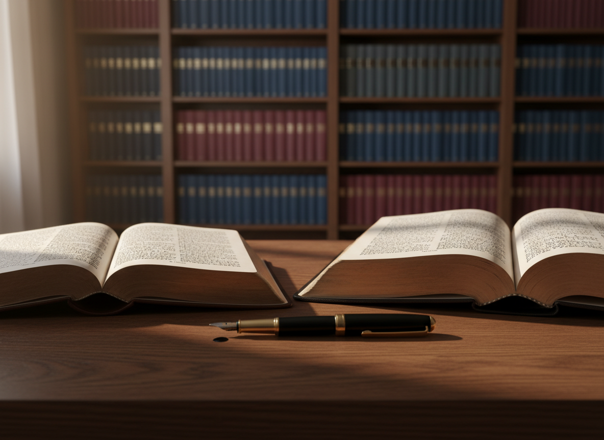 A carefully arranged wooden writing desk symbolizing the official homepage of author Kim Kyung-kwon, topped with an open, well‑worn leather‑bound Bible and a thick history volume facing each other, their pages filled with dense, illegible script. A fountain pen rests precisely between them, suggesting the act of interpretation and choice. Behind, a tall bookshelf holds neatly aligned hardcovers, spines varied in deep navy, burgundy, and charcoal, hinting at the author’s complete catalog without readable titles. Soft morning light from a side window grazes the pages, casting gentle, contemplative shadows. Photographic realism, eye‑level composition, with shallow depth of field that keeps the books in crisp focus while the background melts into a calm, sophisticated blur, creating an atmosphere of thoughtful study and quiet faith.
