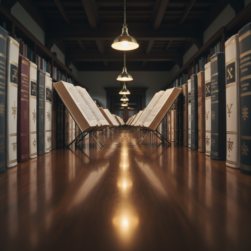A long wooden table in a quiet library, covered with parallel rows of books in varying heights and neutral tones, arranged like a visual catalog of an author’s lifetime of work on history and the Bible. None of the spines contain readable text, only subtle decorative lines and symbols. Between the rows, small metal bookstands hold select volumes slightly open, revealing dense but illegible pages. Overhead, soft pendant lights cast a warm, even glow, creating delicate reflections on the polished tabletop. The camera is positioned low at one end of the table, producing a cinematic vanishing‑point effect that suggests depth, continuity, and legacy. Photographic realism and a calm, ordered atmosphere convey a sophisticated sense of completeness and quiet authority.