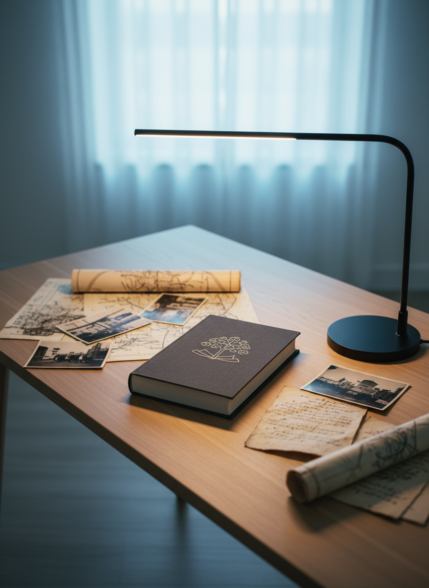 An elegant reading table in a minimalist study, featuring a single, closed, dark‑cloth book embossed with a subtle, abstract emblem instead of text, representing the collected works of a Korean author on history and Scripture. Around it lie scattered archival photographs, old maps, and parchment‑like pages with faint, non‑legible markings alluding to historical research. A slim, modern desk lamp casts warm, focused light on the book’s textured cover, while cooler ambient light from a distant window balances the scene. Photographic realism with a slightly elevated angle, using the rule of thirds to place the central book, creates a mood that is sophisticated, introspective, and scholarly, emphasizing the intersection of research, belief, and careful authorial choice.