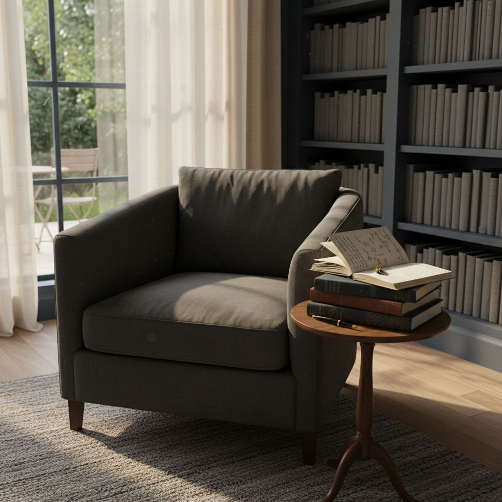 A quiet reading corner designed to reflect the inner world of a writer exploring faith and choice: a deep, charcoal‑gray armchair sits beside a small round side table holding a stack of cloth‑bound books on history and Scripture, their covers devoid of text but subtly patterned. An open notebook lies on top, its pages filled with faint, unreadable handwriting and small arrows, suggesting questions and decisions. Behind the chair, built‑in shelves house an orderly row of volumes, hinting at a complete body of work. Late afternoon light filters through sheer curtains, casting soft, golden patterns on the floor. Photographic realism, eye‑level framing, and a gently blurred background create a serene, introspective mood with a refined, sophisticated aesthetic suited for an author’s personal site.